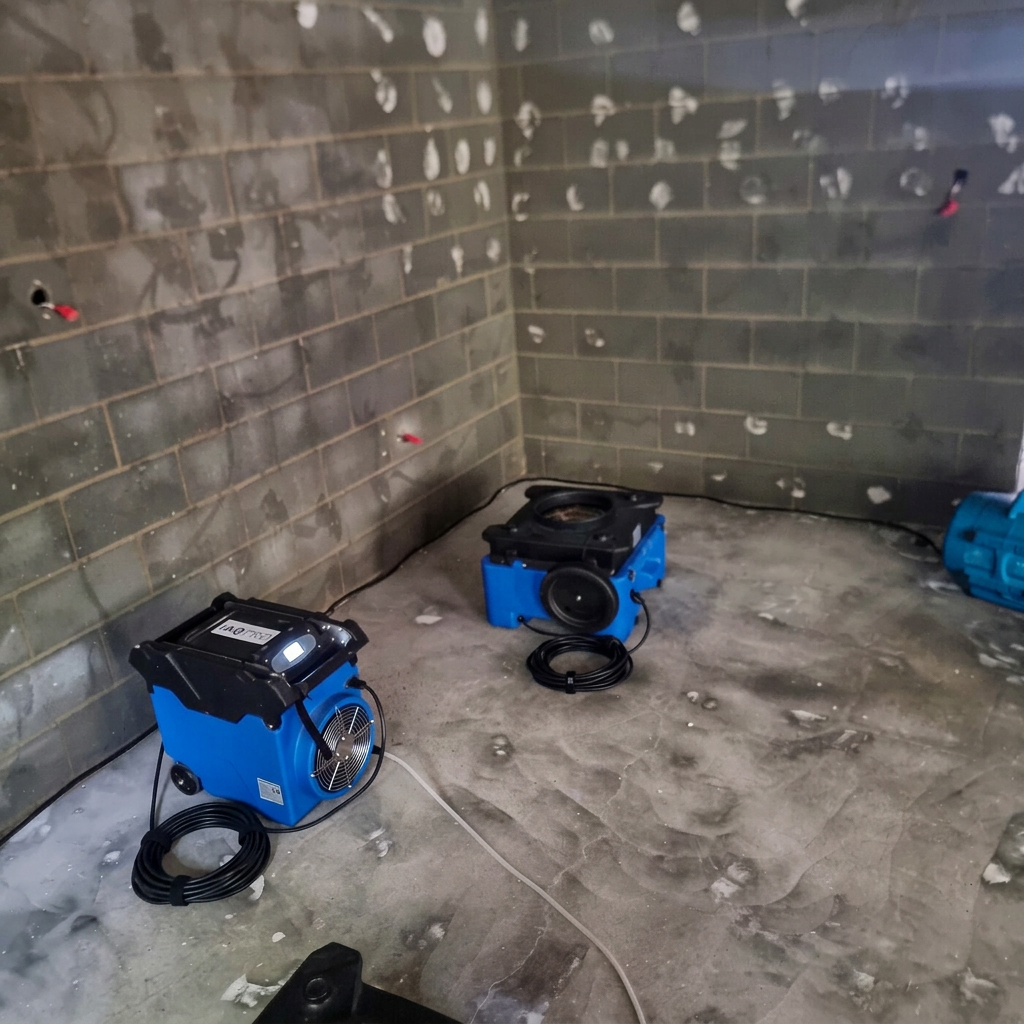 Dehumidifiers drying a stripped room during mould remediation, Sunshine Coast